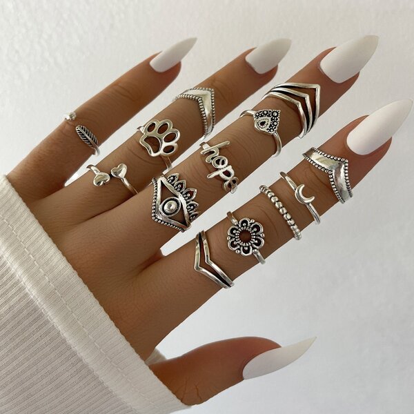 

13pcs Heart & Moon Decor Ring, Silver