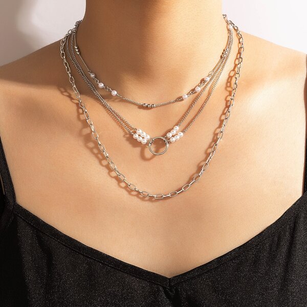 

Faux Pearl Decor Layered Necklace, Silver