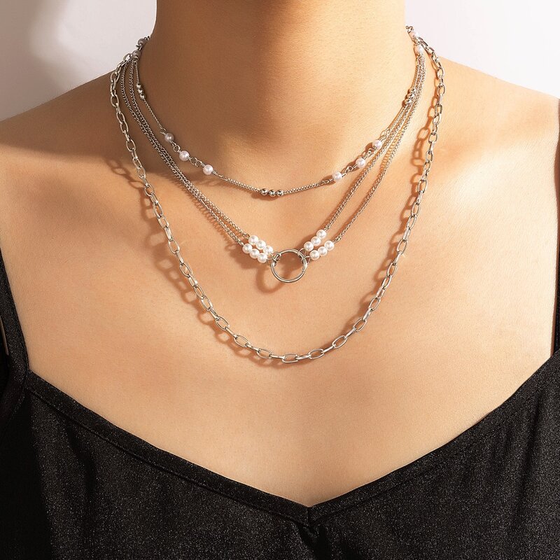 

Faux Pearl Decor Layered Necklace, Silver