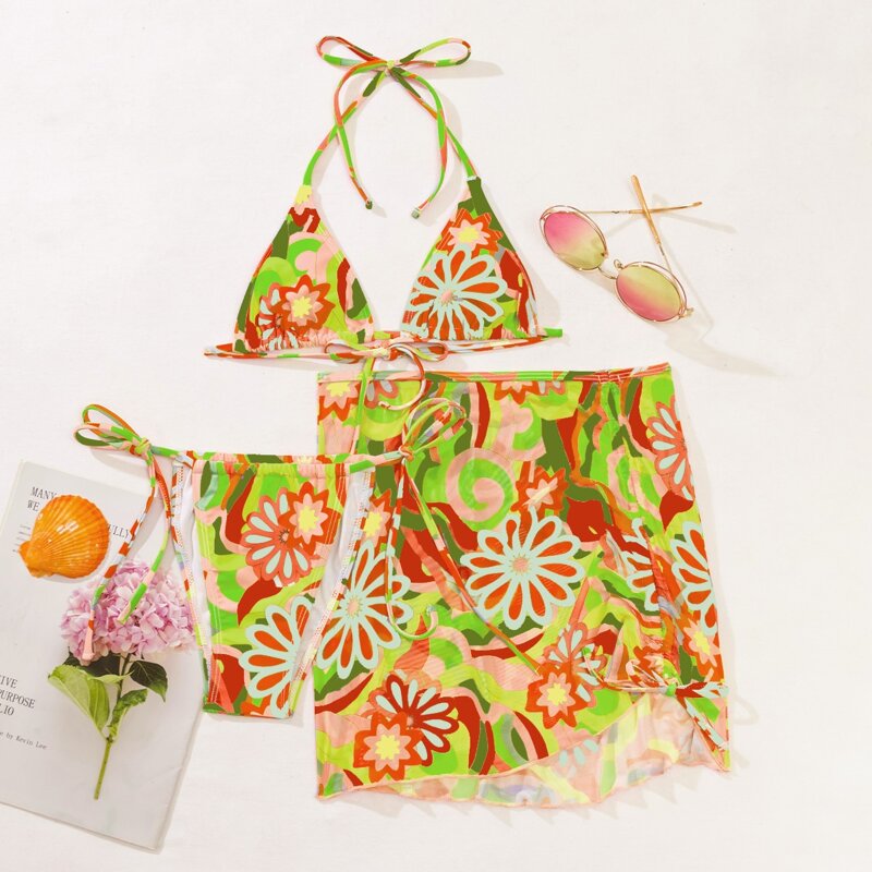 

3pack Floral Print Halter Bikini Swimsuit & Cover Up, Multicolor
