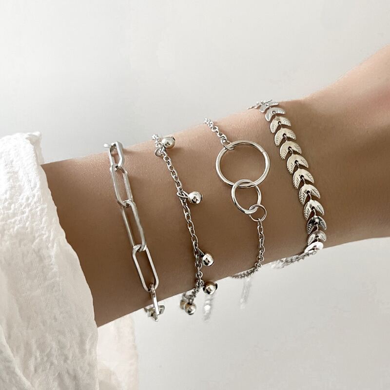 

4pcs Ring Linked Chain Bracelet, Silver