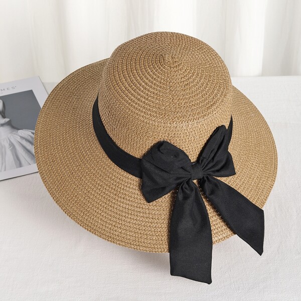 

Bow Decor Straw Hat, Khaki