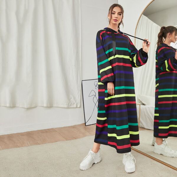 

Color-block Striped Lantern Sleeve Hooded Dress, Multicolor