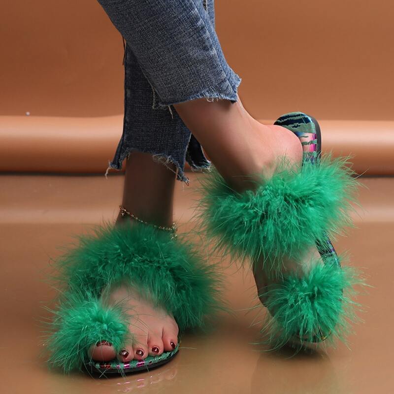 

Fluffy Thong Sandals, Green