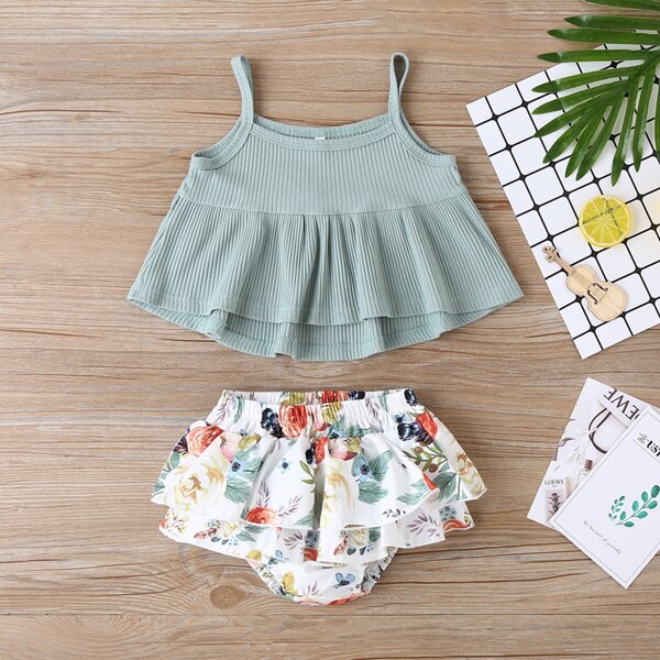 

Baby Girl Ruffle Hem Cami Top With Floral Skort, Multicolor