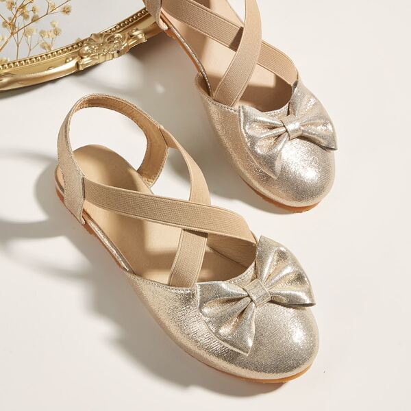 

Girls Metallic Bow Decor Cross Strap Flats, Gold