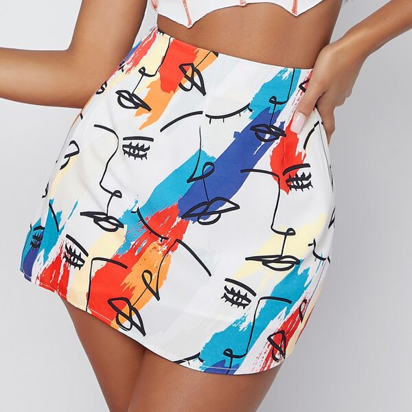 

Multi Colored Sketch Face Art Print Mini Skirt, Multicolor