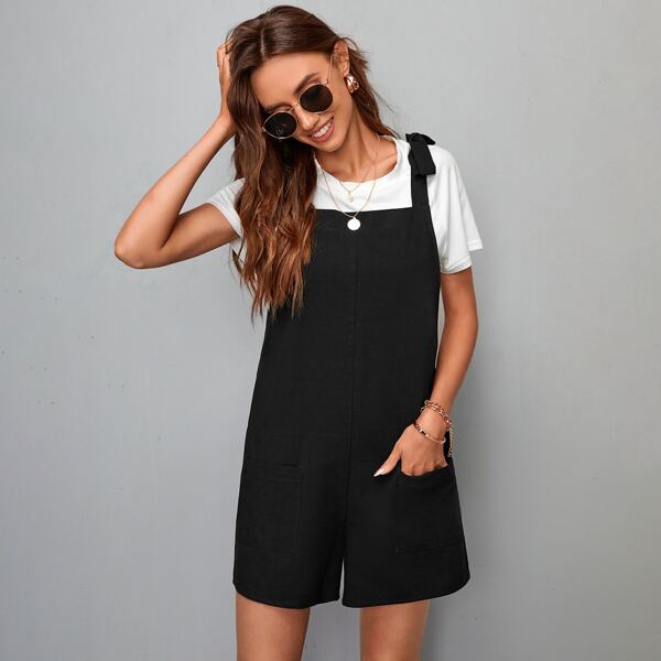 

Knot Shoulder Dual Pockets Cami Romper Without Tee, Black
