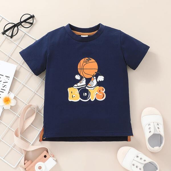 

Toddler Boys Basketball Print Split Hem Tee, Navy blue