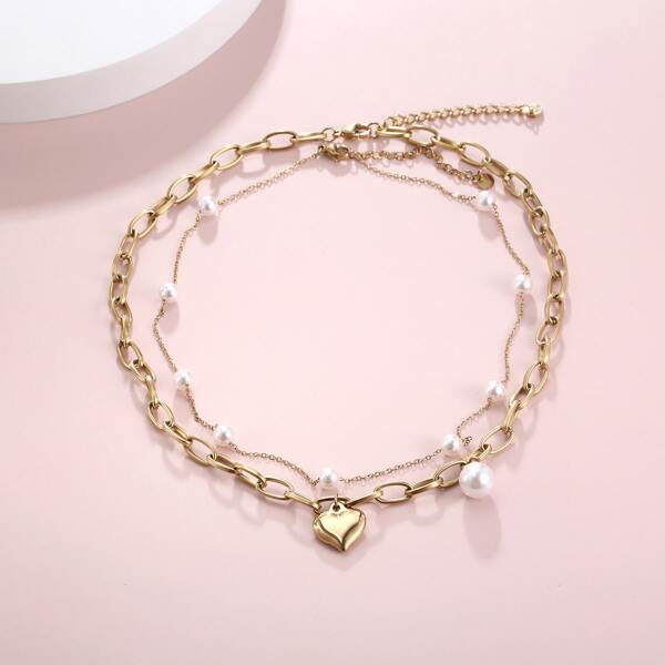 

Heart & Faux Pearl Charm Layered Necklace, Gold