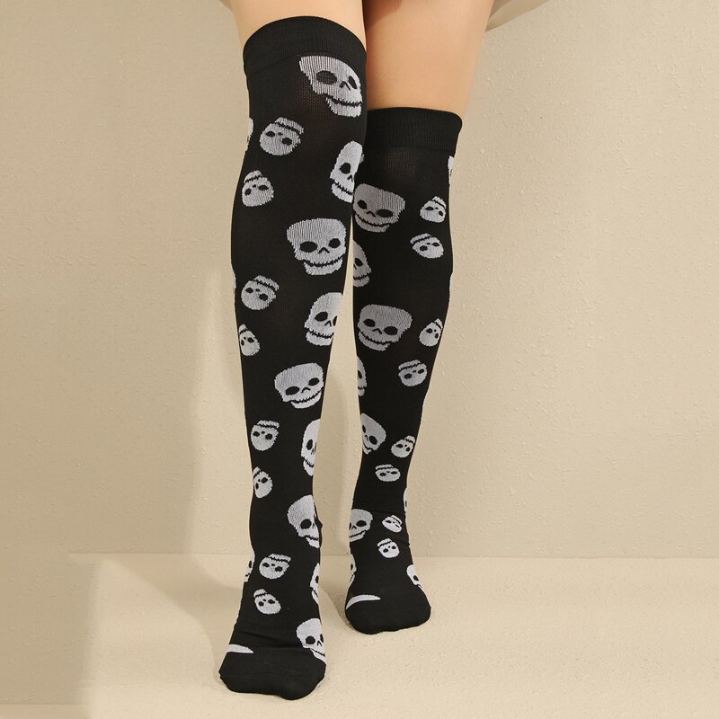 

Skull Pattern Over The Knee Socks, Black