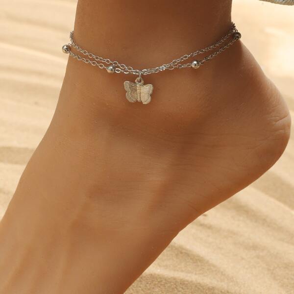

Butterfly Charm Layered Anklet, Silver