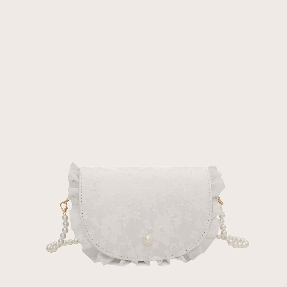 

Lace Overlay Pearl Strap Crossbody Bag, White