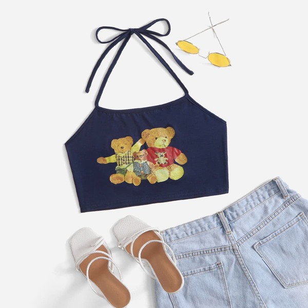 

Bear Print Crop Cami Top, Navy blue