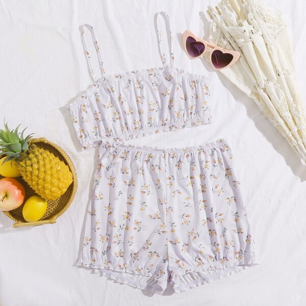 

Floral Print Frill Trim Crop Cami Top & Shorts PJ Set, White