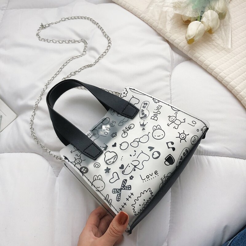 

Cartoon Graphic Chain Bag, Black and white