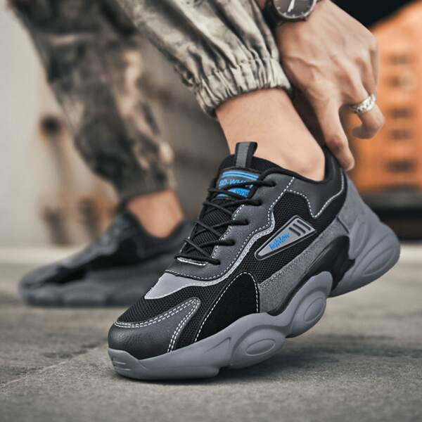 

Men Mesh Panel Lace-up Front Chunky Sneakers, Black