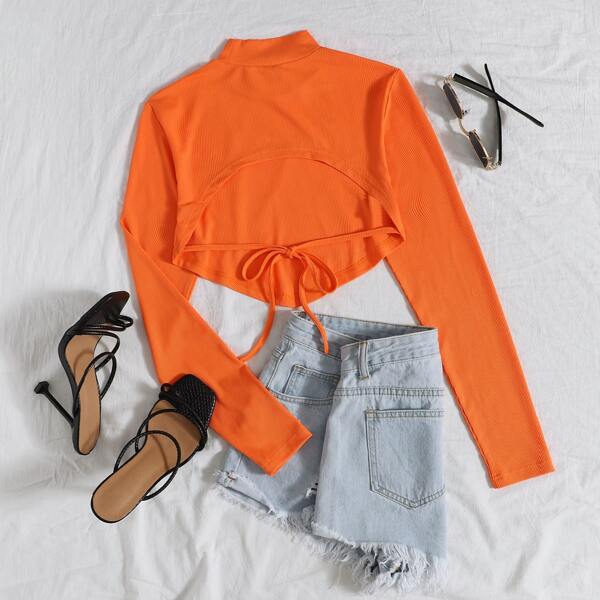 

Кроп-футболка с воротником-стойкой узлом сзади платочный край, Оранжевый