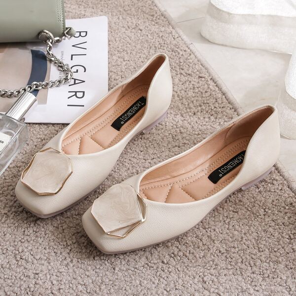 

Minimalist Metal Decor Ballet Flats, Beige