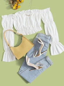 Off Shoulder Frill Trim Flounce Sleeve Crop Top - White - View 1