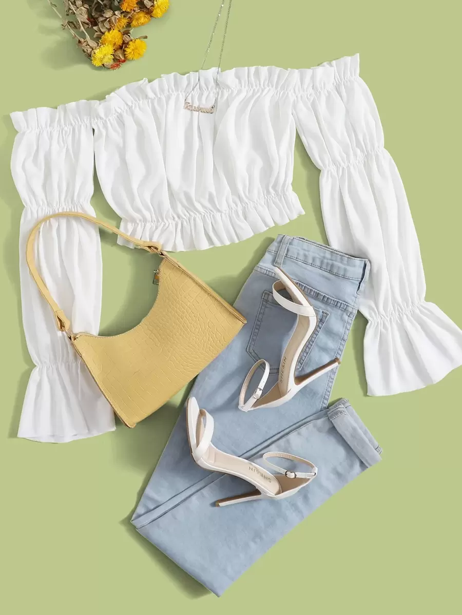 Off Shoulder Frill Trim Flounce Sleeve Crop Top - White - View 1