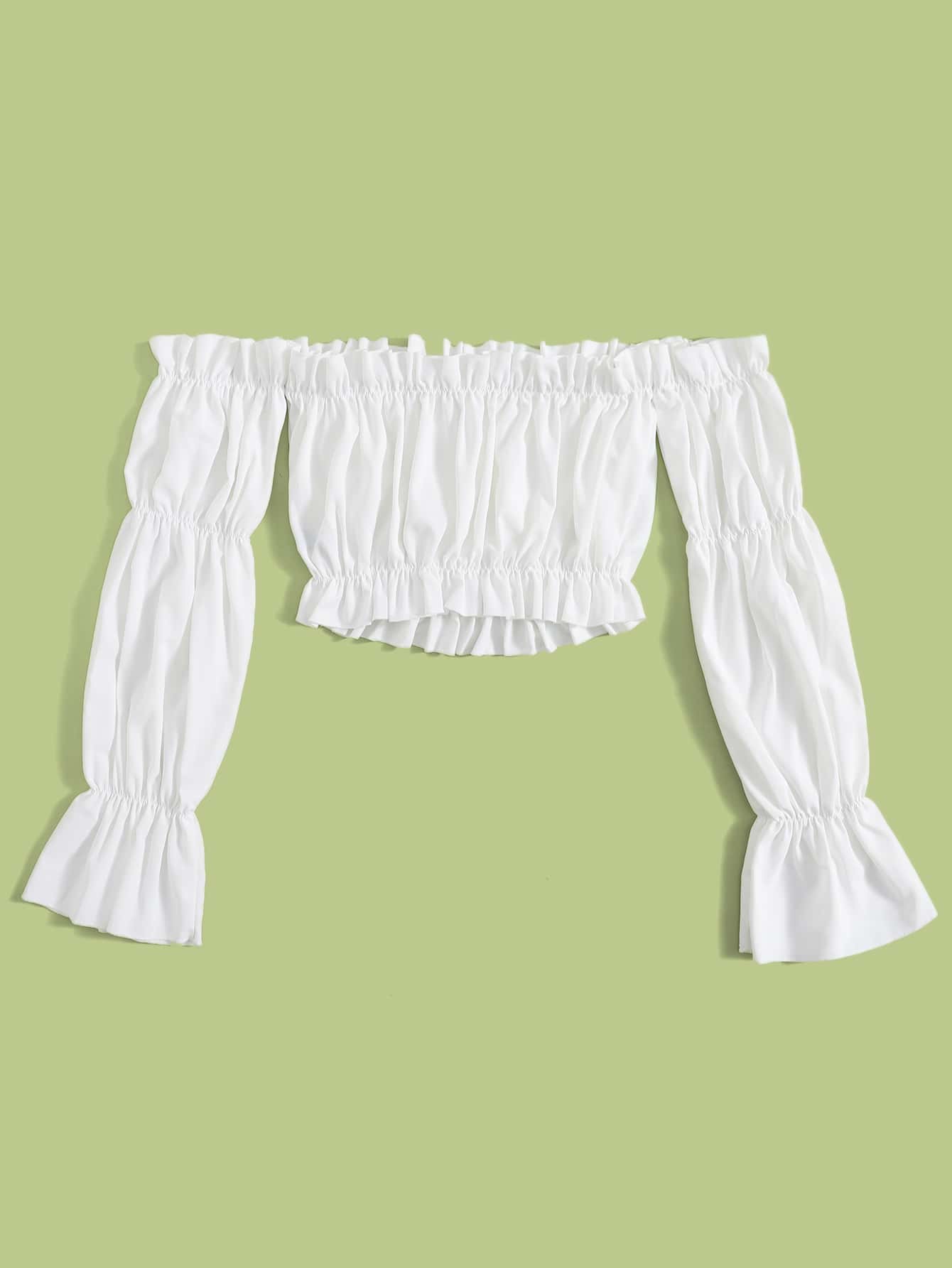 Top corto de hombros descubiertos ribete fruncido de manga con volante - Blanco - Añade 2