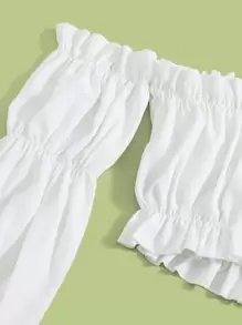 Off Shoulder Frill Trim Flounce Sleeve Crop Top - White - View 4