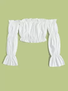 Off Shoulder Frill Trim Flounce Sleeve Crop Top - White - View 5