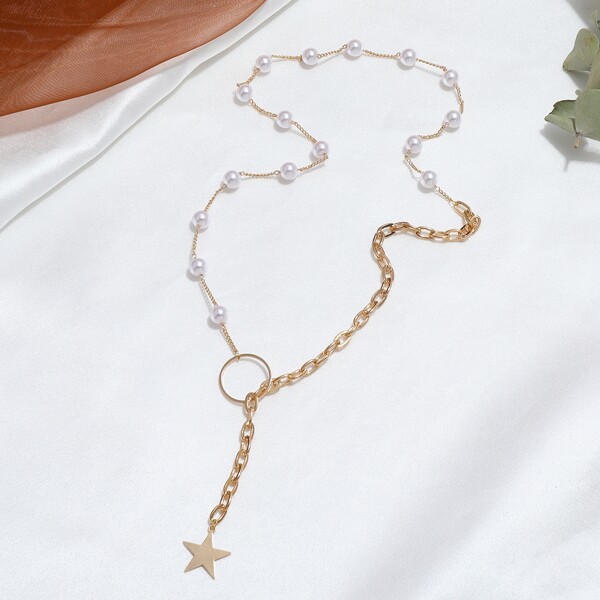 

Star Charm Faux Pearl Decor Chain Necklace, Gold