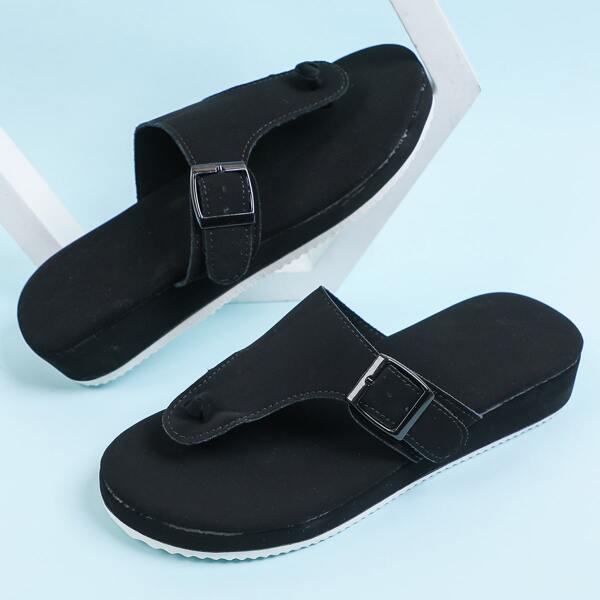 

Minimalist Buckle Design Thong Sandals, Black