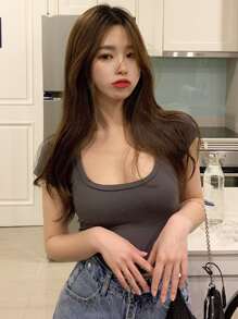 Camiseta unicolor cuello U corta delgada - Gris Oscuro - Ver 1