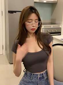 Camiseta unicolor cuello U corta delgada - Gris Oscuro - Ver 7