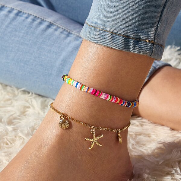 

2pcs Girls Starfish & Shell Decor Anklet, Multicolor