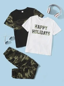 SHEIN Niños con estampado de camuflaje con estampado de letra Camiseta & Pantalones - Multicolor - Ver 1