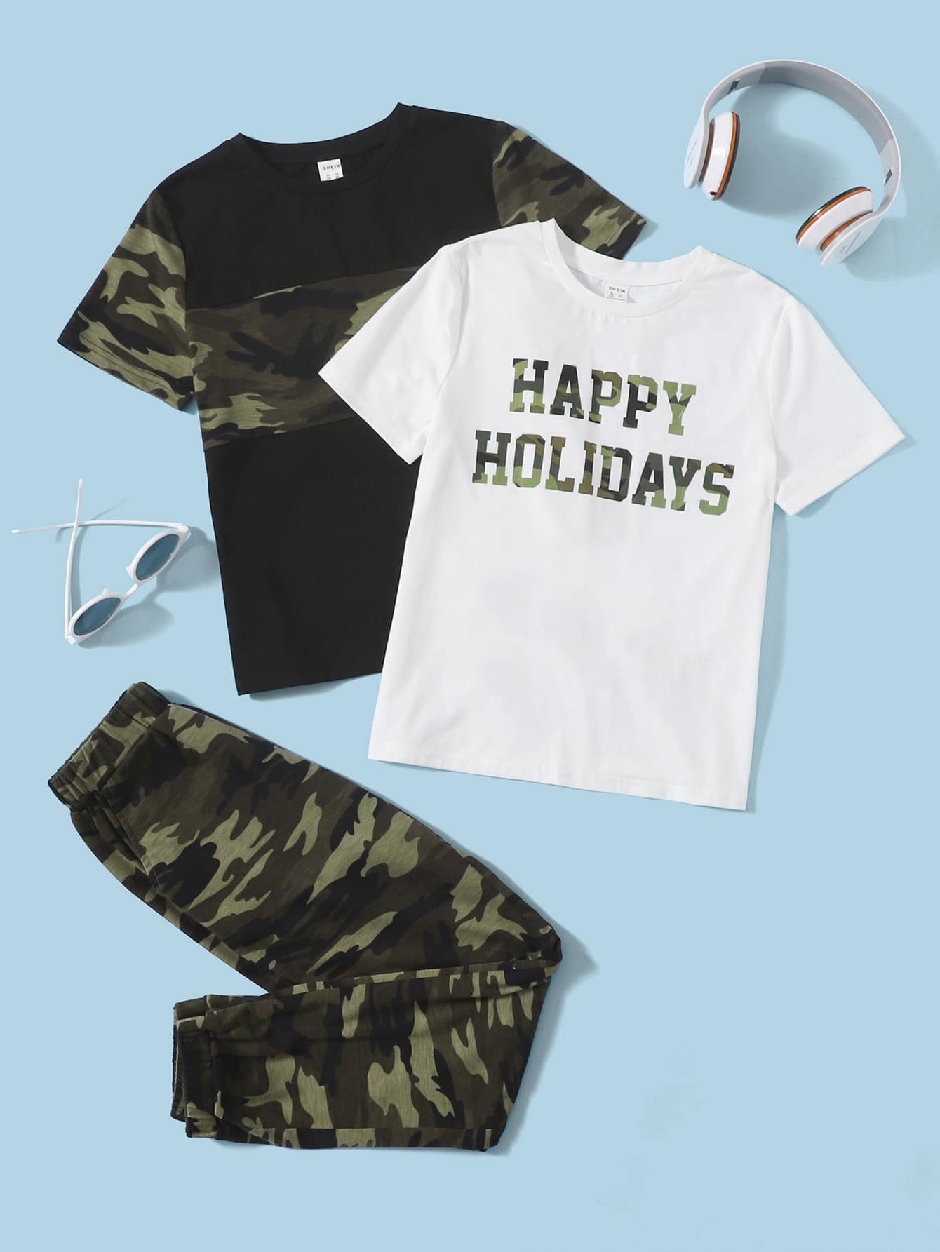 SHEIN Niños con estampado de camuflaje con estampado de letra Camiseta & Pantalones - Multicolor - Ver 1
