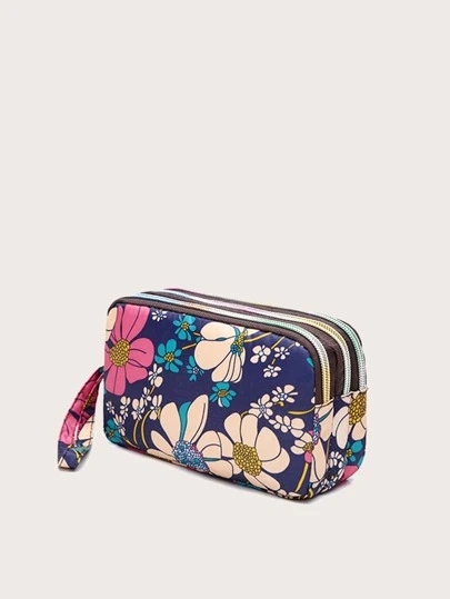 花卉图案帆布手拿包迷你多拉链手拿零钱包休闲手腕钱包母亲节礼物妈妈礼物女士芙蓉女士钱包钱包长钱包腕带钱包