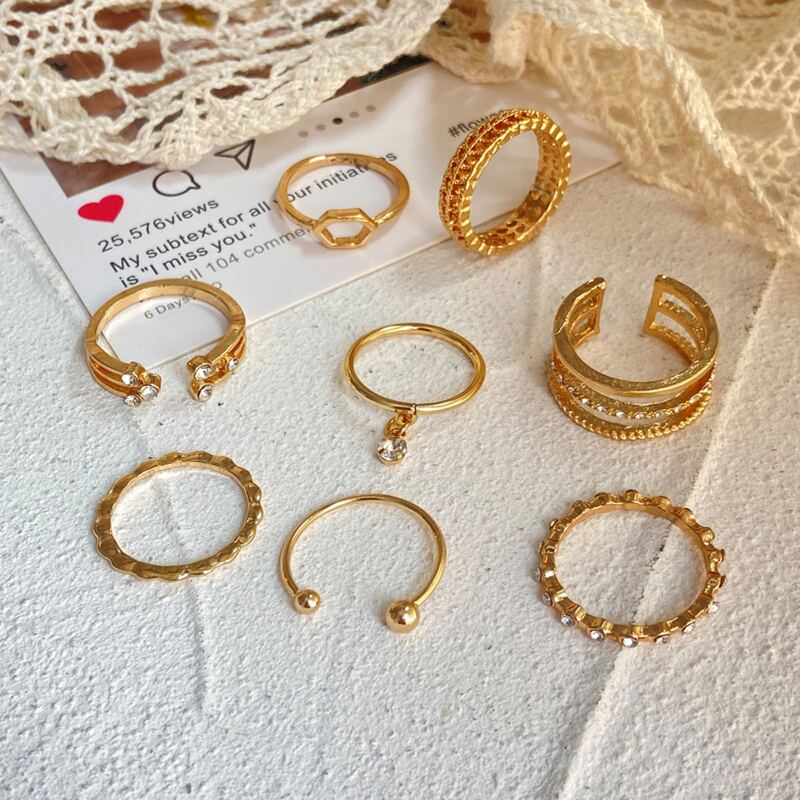 

8pcs Rhinestone Decor Ring, Gold