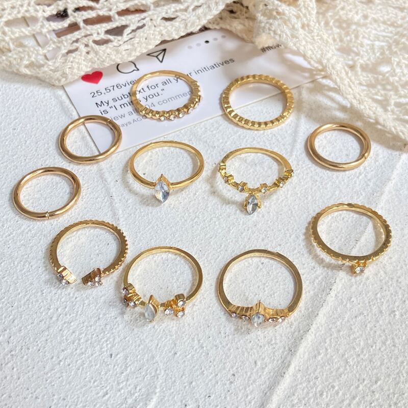 

11pcs Rhinestone Decor Ring, Gold