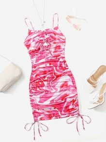 SHEIN ICON Vestido de tirantes con estampado de mármol bajo con cordón - Rosa - Ver 1