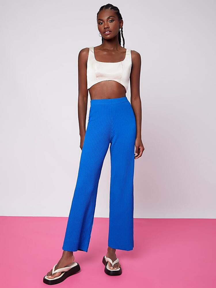 Penelope Ping Pantalones unicolor de pierna ancha tejido de canalé - Azul - Añade 4