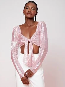 Penelope Ping Tie Front Crop Top - Baby Pink - View 1