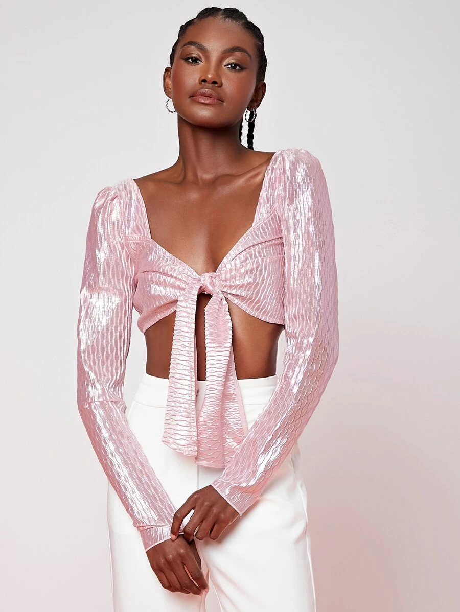 Penelope Ping Tie Front Crop Top - Baby Pink - View 1