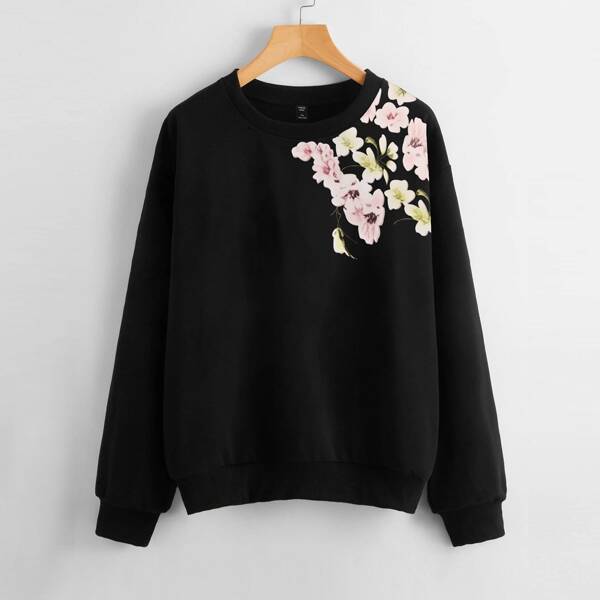 

Plus Flower Print Drop Shoulder Sweatshirt, Black