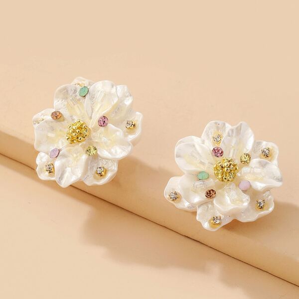 

Rhinestone Detail Flower Design Earrings, White