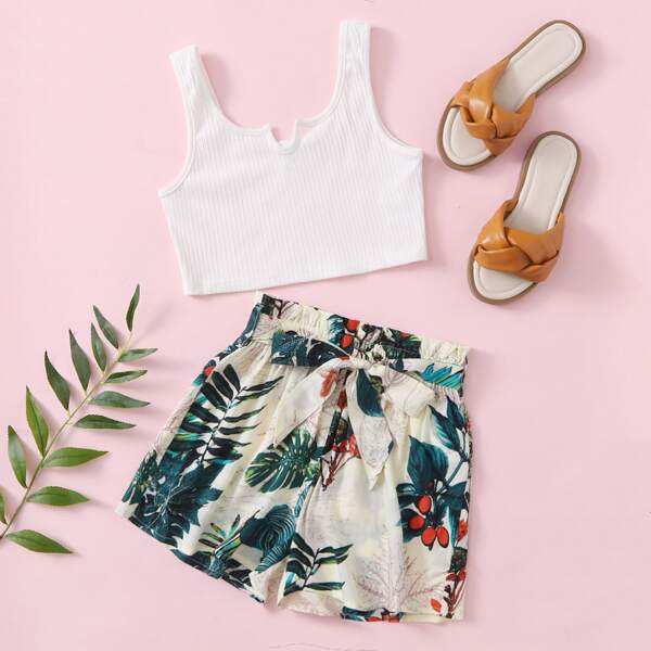 

Girls Ribbed Notched Neck Tank Top & Plants Print Belted Shorts, Multicolor
