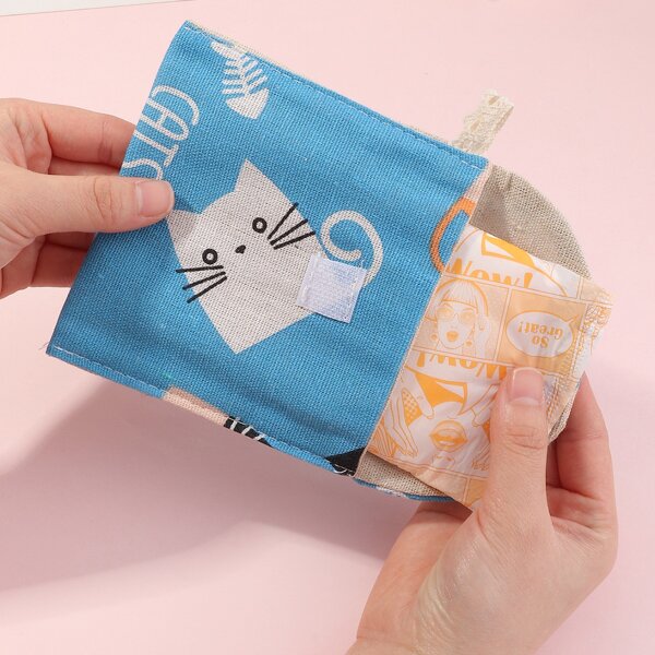 

1pc Cartoon Graphic Sanitary Napkin Storage Bag, Blue