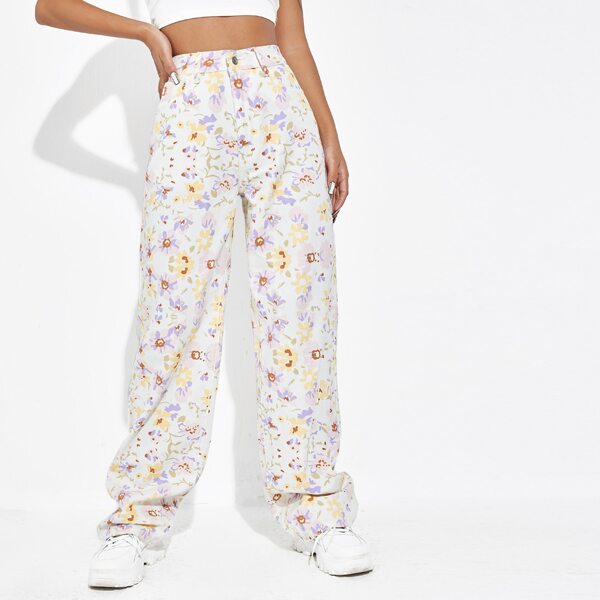 

High Waist Floral Print Wide Leg Jeans, Multicolor