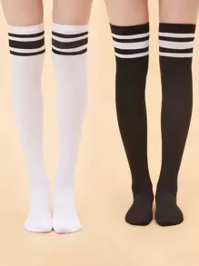 2 双女式不对称三条纹极简主义 JK Lolita 过膝袜 - 黑與白 - 查看 1