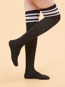 2 双女式不对称三条纹极简主义 JK Lolita 过膝袜 - 黑與白 - 查看 2