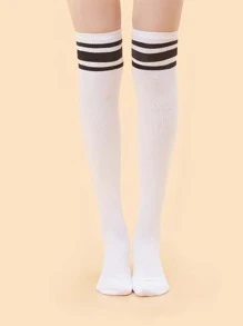 2 双女式不对称三条纹极简主义 JK Lolita 过膝袜 - 黑與白 - 查看 3